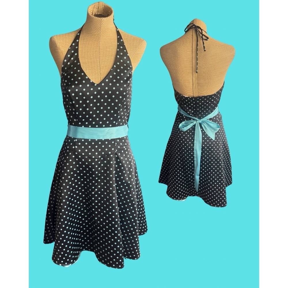 VTG B Darlin Y2K Dress Halter Whimsigoth Black w/ Turquoise Polka Dot Tulle Sz 8